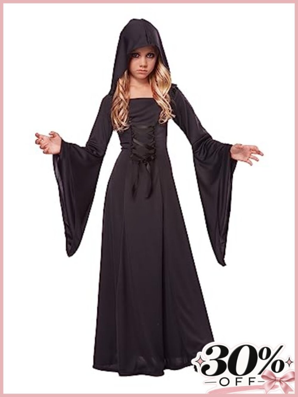 Hooded Robe Costume Long Bell Sleeves Lace Up Front Halloween